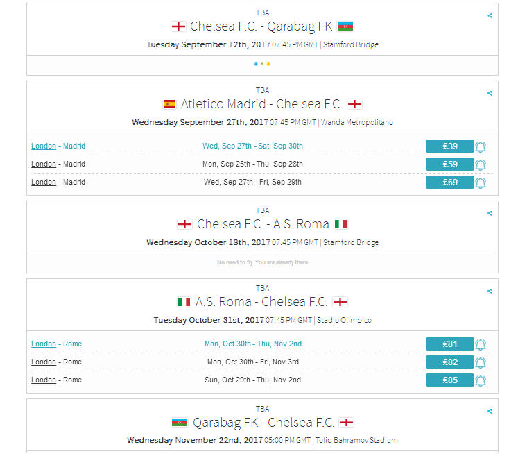 Champions League Matches Football Flight Finder with Chelsea F.C. selelcted as the team of choice