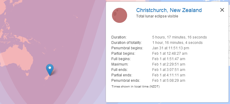 Total Lunar Eclipse Visible, Christchurch, New Zealand